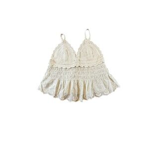 American Flirt Crochet Eyelet Lace Smocked Peplum Cami Top Cream Medium